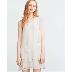 Zara White Ruffled Shoulder Layered Dress